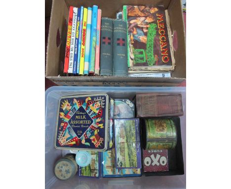 A Quantity of Collectable Vintage Tins, including Cadburys, Oxo, Lyles, tobacco etc plus a box of miscellaneous books and eph