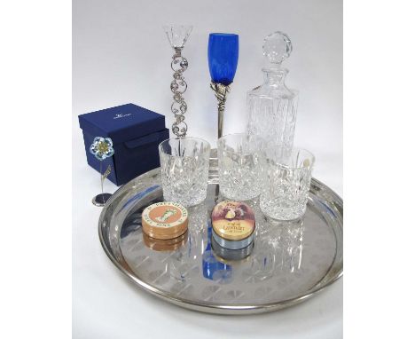Swarovski Flower (boxed), Royal Albert whiskey decanter, candlestick, drinking glasses, etc.