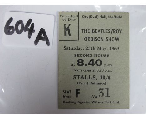 Beatles Concert Ticket: 'The Beatles/Roy Orbison Show', Saturday 25th May 1963 Second House, 8.40pm, stalls,10/6 at The City 