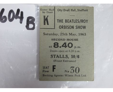 Beatles Concert Ticket: 'The Beatles/Roy Orbison Show', Saturday 25th May 1963, Second House 8.40pm, stalls, 10/6 at The City