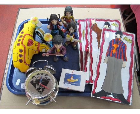 Beatles Interest: A quantity of modern collectable's including Ringo, Paul, John, George resin figures, alarm clock yellow su