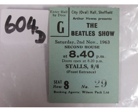 Beatles Concert Ticket: 'The Beatles Show' (Headliners), Saturday 2nd November 1963, Second House 8.40pm, stalls 8/6 seat S29