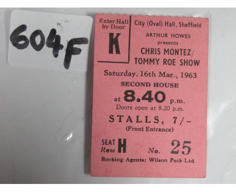 Beatles Ticket Interest - Fascinating early Beatles in Sheffield concert ticket, 'Chris Montez/Tommy Roe Show'  Saturday 16th