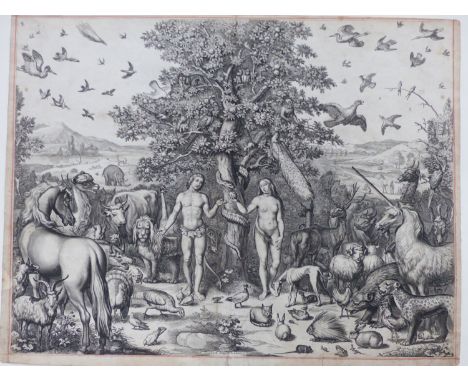 A LARGE FOLIO OLD MASTER PRINT OF ADAM AND EVE IN A LANDSCAPE SETTING SURROUNDED BY VARIOUS ANIMALS AND BIRDS, 42 X 54.5CM, U