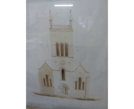 A 19TH CENTURY WASH ARCHITECTURAL DRAWING OF TOTTENHAM CHAPEL, WEST END ELEVATION, 55 X 40CM (FRAMED), AN UNFRAMED LARGE 18TH