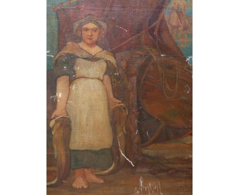 EARLY 20TH CENTURY, PORTRAIT OF A FISHER WOMAN IN THE MANNER OF FRANK BRANGWYN, SIGNED INDISTINCTLY, OIL ON CANVAS, 61 X 46CM