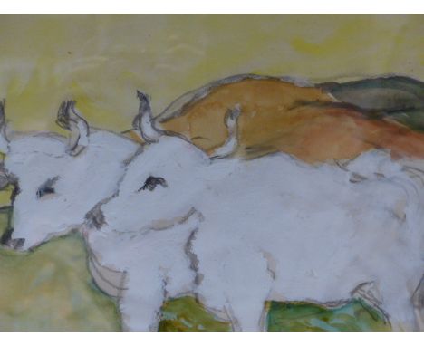 (ARR) HEINRICH GOTTLIEB, TWO OXEN, WATERCOLOUR, 24 X 32.5CM TOGETHER WITH A PORTRAIT OF A LADY (2)
