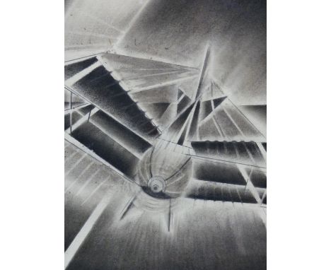 PAUL R.P NICHOLLS, PLANE IN FLIGHT, SIGNED, PENCIL AND CHARCOAL, 28.5 X 25.5CM TOGETHER WITH A SKETCH OF THE STRICKEN LORD WA