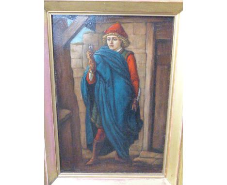 LATE 19TH CENTURY ENGLISH SCHOOL, PORTRAIT OF A PRE-RAPHAELITE STYLE ROBED FIGURE HOLDING A MEDALLION, INITIALLED AND DATED 1