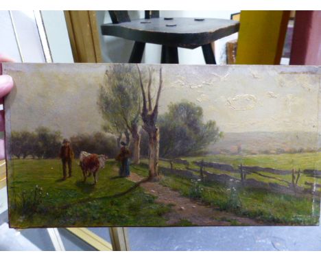 FOUR LATE 19TH/20TH CENTURY UNFRAMED OILS ON BOARD TO INCLUDE TWO PORTRAIT STUDIES AND TWO LANDSCAPES VARIOUSLY SIGNED OR INS