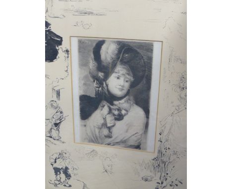 H. SOMM, ETCHING OF A YOUNG LADY WEARING A BONNET, MOUNTED ON PEN AND INK SURROUND, POSSIBLY BY THE SAME ARTIST TOGETHER WITH