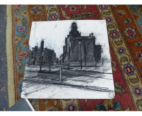 20TH CENTURY SCHOOL, TWO GRISAILLE DRAWINGS OF ARCHITECTURAL SUBJECTS AND THREE FOLIO PRINTS, SOME PENCIL SIGNED. UNFRAMED