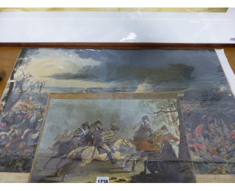 AFTER JOHN HEAVSIDE CLARK, THE FIELD OF WATERLOO, FOLIO HAND COLOURED PRINT, 50 X 75CM AND TWO OTHER MILITARY PRINTS OF THE S