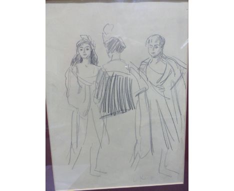 DAME LAURA KNIGHT R.A (1877-1970) STUDY OF THREE FIGURES, INITIALLED PENCIL DRAWING, 26.5 X 19.5CM AND ANOTHER FIGURE SKETCH 