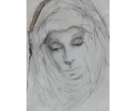 (ARR) SARA LEIGHTON, "PIETA" HEAD PORTRAIT OF A NUN, SIGNED, TITLED AND DATED '63, INK AND WASH, 32 X 24CM