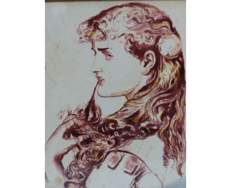 PRE-RAPHEALITE ENGLISH SCHOOL, PORTRAIT OF A LADY, SEPIA WASH DRAWING, 20 X 17CM