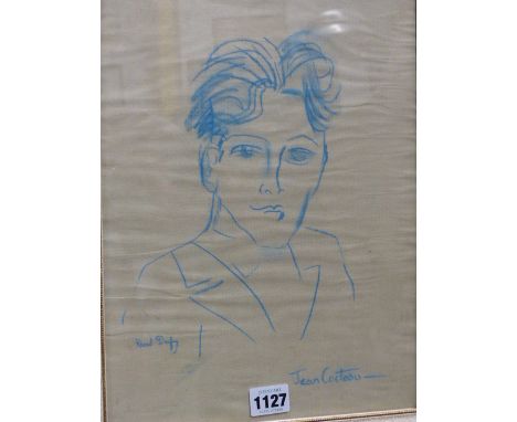 (ARR) PORTRAIT OF THE YOUNG JEAN COCTEAU, BLUE CHALK, BEARS SIGNATURE RAOUL DUFY, 35 X 24.5CM