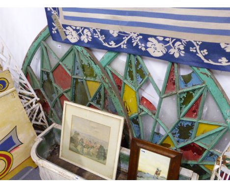A PAIR OF GOTHIC FORM COLOURED GLASS FAN LIGHT ARCHES