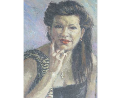 (ARR) R***Y (20TH CENTURY CONTINENTAL), PORTRAIT OF A GLAMOROUS WOMAN IN BLACK DRESS, INDISTINCTLY SIGNED, OIL ON BOARD, 49.5