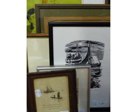 W.L. WYLLIE. A PENCIL SIGNED ETCHING OF A SURFACING SUBMARINE TOGETHER WITH SEVEN OTHER PRINTS AND ARTWORKS (8)