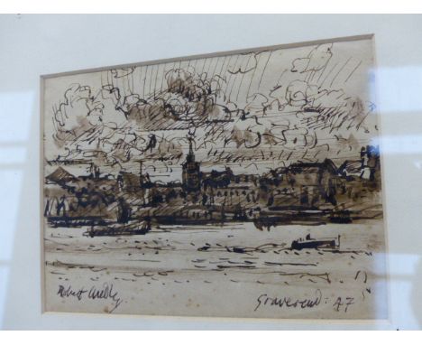 A FRAMED PEN AND INK SKETCH OF GRAVESEND SIGNED INDISTINCTLY, A THAMES VIEW BY ANOTHER HAND AND VARIOUS UNFRAMED DRAWINGS.