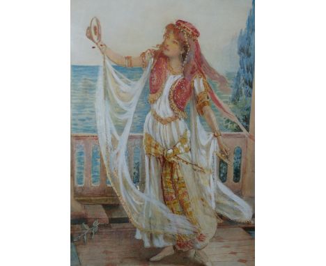 AGNES PRINGLE (LATE 19TH CENTURY ENGLISH SCHOOL), PORTRAIT OF AN EASTERN BEAUTY ON A TERRACE, SIGNED, WATERCOLOUR, 70 X 49CM