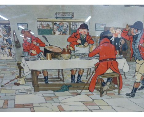 A VINTAGE COLOUR PRINT AFTER CECIL ALDIN, THE HUNTSMEN'S BREAKFAST, 38 X 61CM