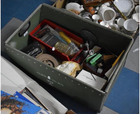 A Collection of Various Tools and Tooling Items Contained in a 1981 Crows Foot Marked Crate 