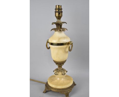 A Late 20th Century Brass and Alabaster Table Lamp of Pineapple Form with Ring Handles, 37cm High Overall 