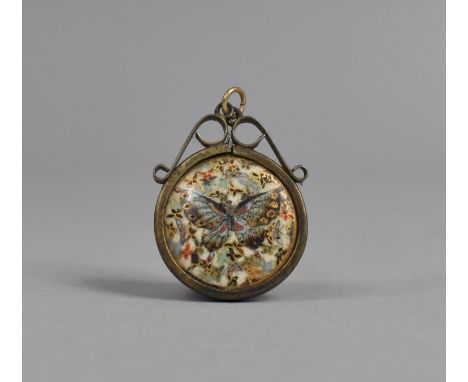 A Metal Mounted Ceramic Button, Possibly Royal Crown Derby, with Hand Painted Butterfly Decoration, 4.5cms High 