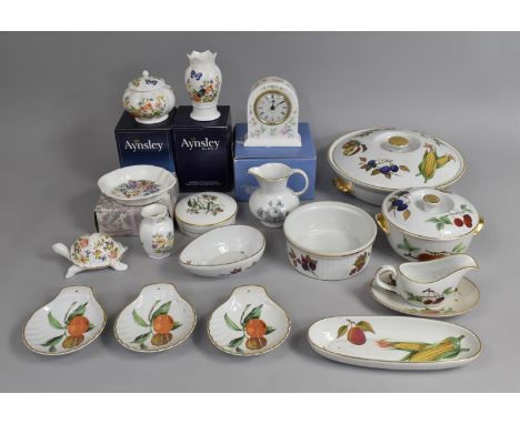 A Collection of Various Ceramics to comprise Royal Worcester Evesham Tureen, Wedgwood Mantel Clock, Aynsley Vases Etc 