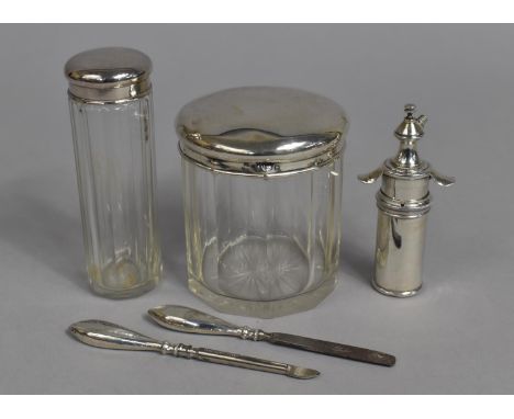 A Collection of Various Dressing Table Items to Comprise a Glass and Silver Topped Dressing Table Pot, a Plated Example, Two 