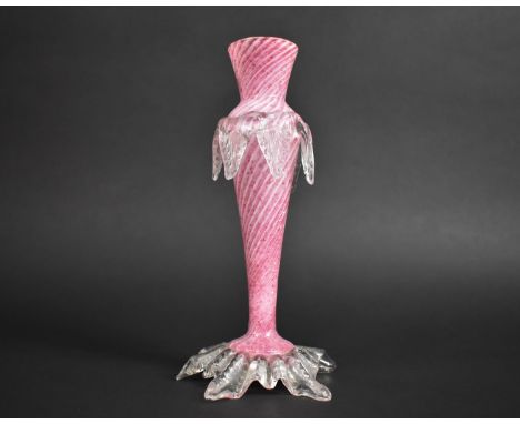 A Late Victorian Cranberry and Opaque Glass Vase of Tapering Form with Applied Frill and Foot, 23cms High 