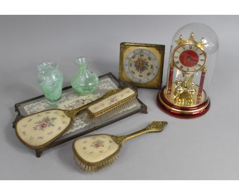 A Collection of Various Ladies Dressing Table Items to include Mirror, Hairbrush. Clock, Together with two Caithness Glass Va