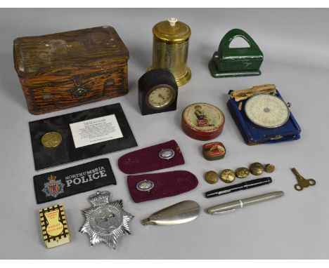 A Collection of Various Curios to include Scumble Glaze Lunch Box, Vintage Hole Punch, Trafalgar Medallion, Police Badges and