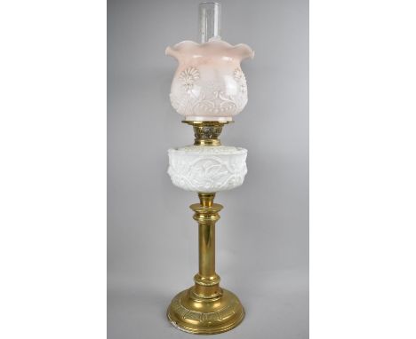 A Victorian Opaque Glass and Brass Oil Lamp, Complete with Chimney, Reservoir with Moulded Design incorporating Birds and Flo
