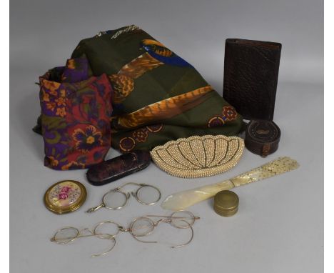 A Collection of Various Ladies Items to include Vintage Scarf, Glasses, Pearl Mounted Wallet, Stud Box, Mother of Pearl Page 