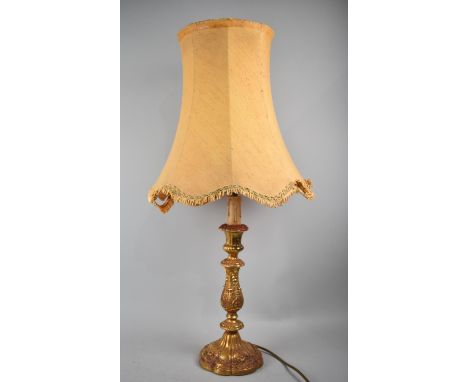 A Gilt Table Lamp of Moulded Form with Shade, Lamp 38cms High and with Shade (AF) 71cms 
