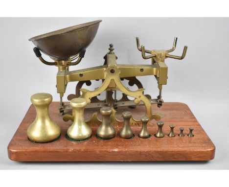 A Set of Brass Pan Scales on Wooden, C. Stephens of London, Fitted Plinth complete with Nine Weights but Missing Pan 