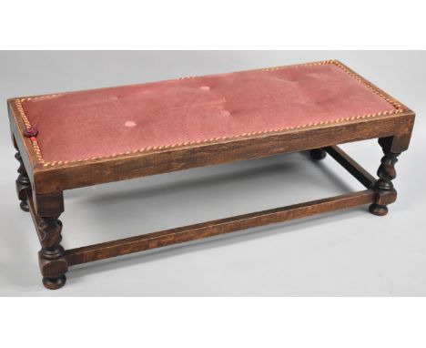 An Oak Framed Rectangular Stool with Tapestry Top, Short Barley Twist Supports with Stretcher Under, 17.5cms High 