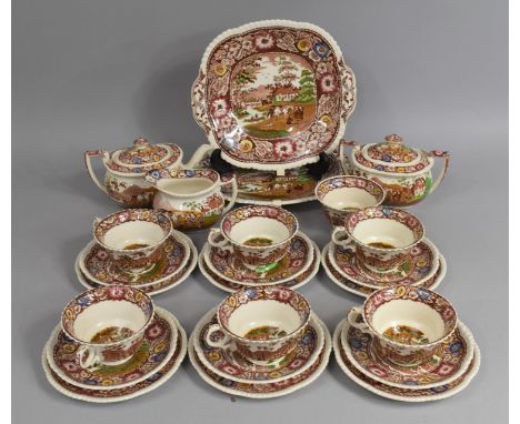 A Royal Cauldon Native Pattern Tea Service to comprise Six Cups, Sugar Bowl, Milk Jug, Bachelor Teapot, Saucers, Side Plates,