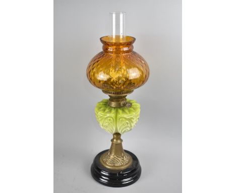 A Victorian Brass and Opaque Glass Oil Lamp, Opaque Green Glass Reservoir with Moulded Organic Design, Complete with Chimney 