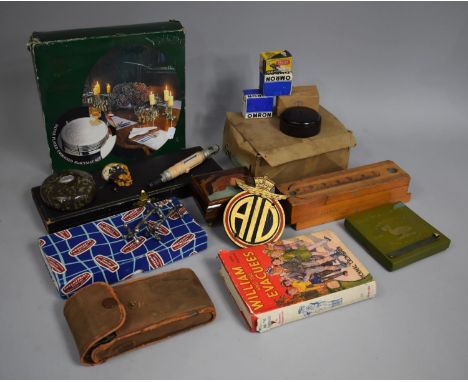 A Collection of Various Sundries to include Silver Plated Cutlery, Carved Stone Skull (AF), Doctor Who Screwdriver, Denox Pap