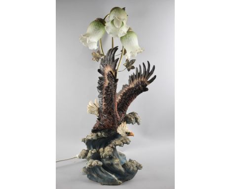 A Resin Lamp Base in the Form of an Eagle in Flight Above Crashing Waves, Supporting Three Brass Fittings Culminating in Opaq
