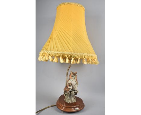 A Resin Long Eared Owl Table Lamp on Wooden Plinth and with Brass Fittings, Complete with Shade, 56cms High 