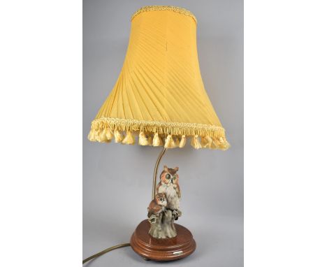 A Resin Long Eared Owl Table Lamp on Wooden Plinth and with Brass Fittings, Complete with Shade, 56cms High 