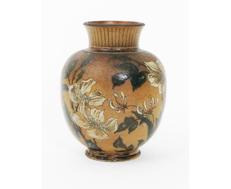 A Martin Brothers stoneware vase by Robert Wallace Martin, dated 1892, ovoid with flaring neck, incised and painted with wild