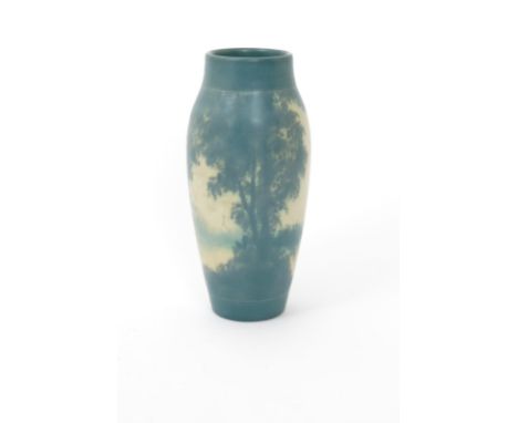 A Rookwood Pottery Vellum glaze vase, dated 1909, shouldered form, painted with trees on a riverbank scene, in colours, impre