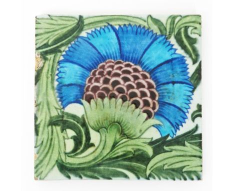 A William De Morgan Early Fulham BBB large 8 inch tile, painted in shades of blue, aubergine and green on a white ground impr