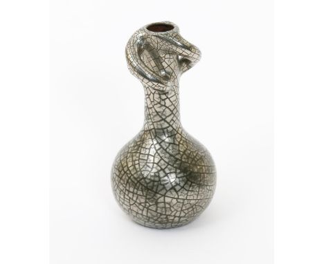 A Sunflower Pottery Platinum vase by Sir Edmund Elton, ovoid with cylindrical neck and three scrolled handles, covered in a p